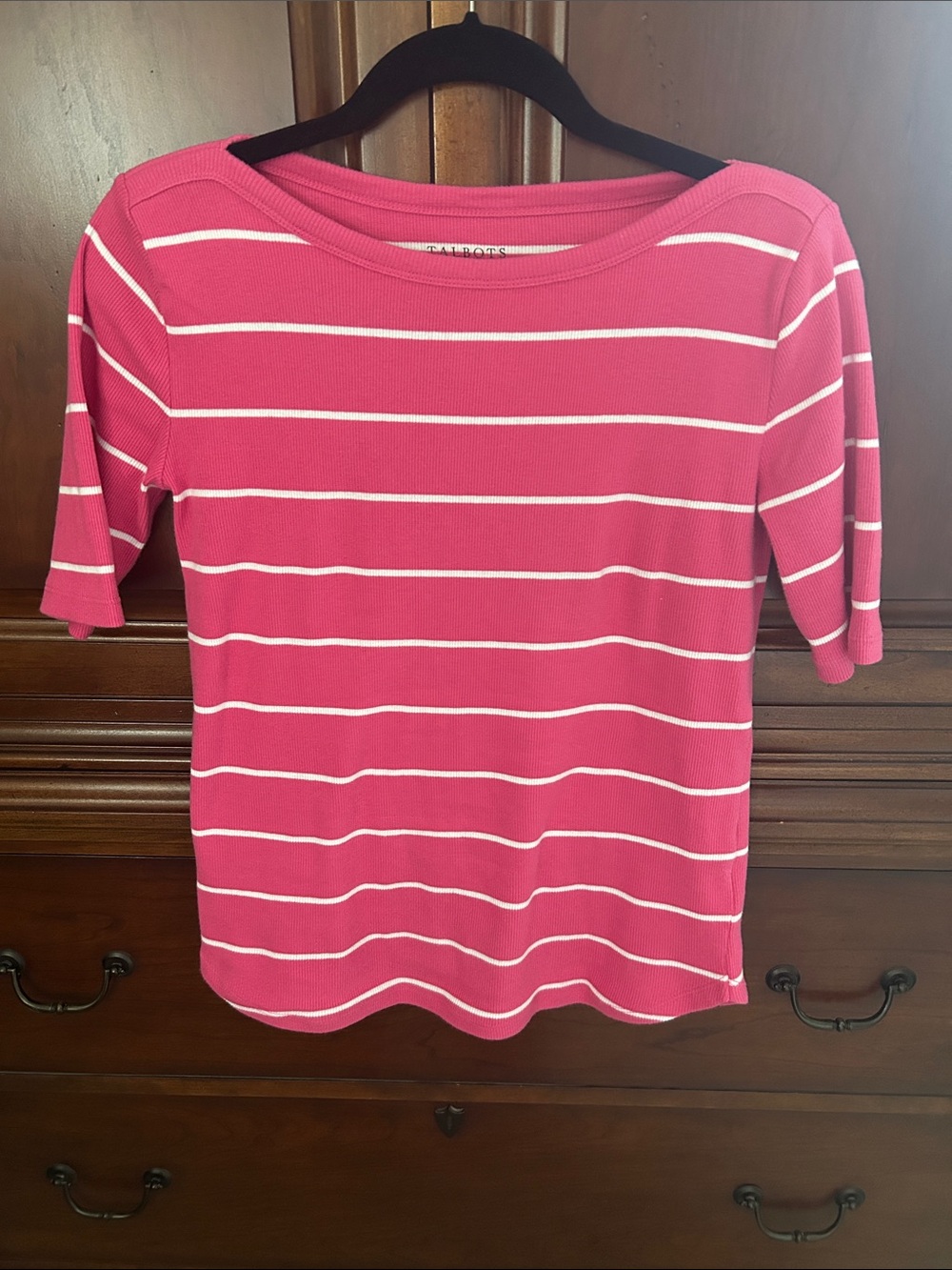 Talbots Hot Pink and White Striped Boat Neck Short Sleeved Top